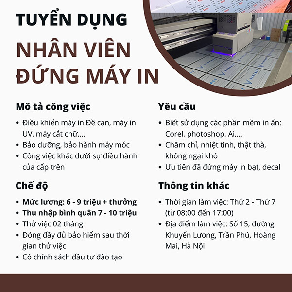 Tuyển dụng nhân viên đứng máy in tại Hà Nội
